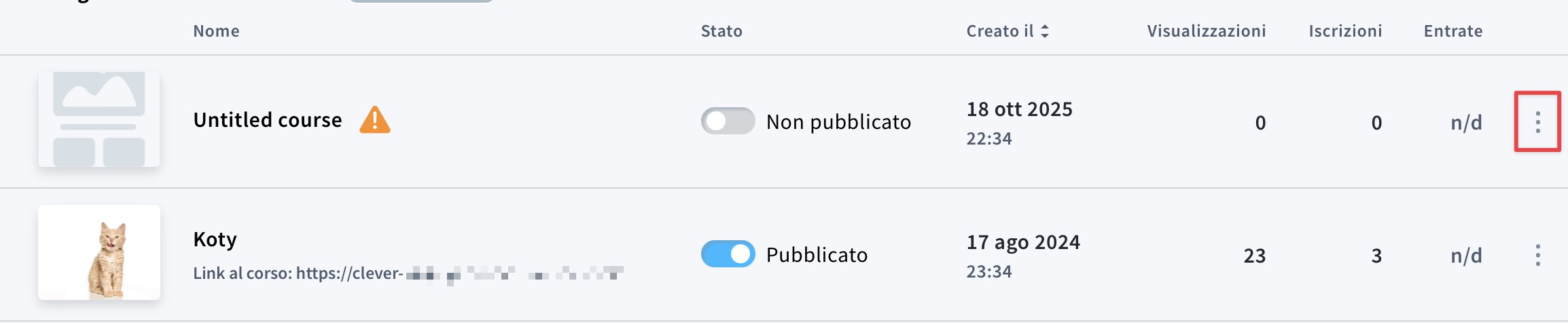 Menu delle azioni per i corsi.
