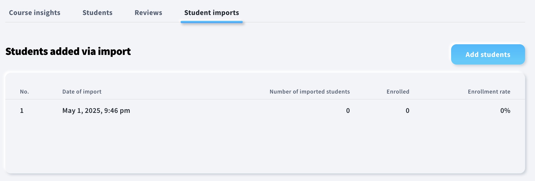Students import tab in course overview.