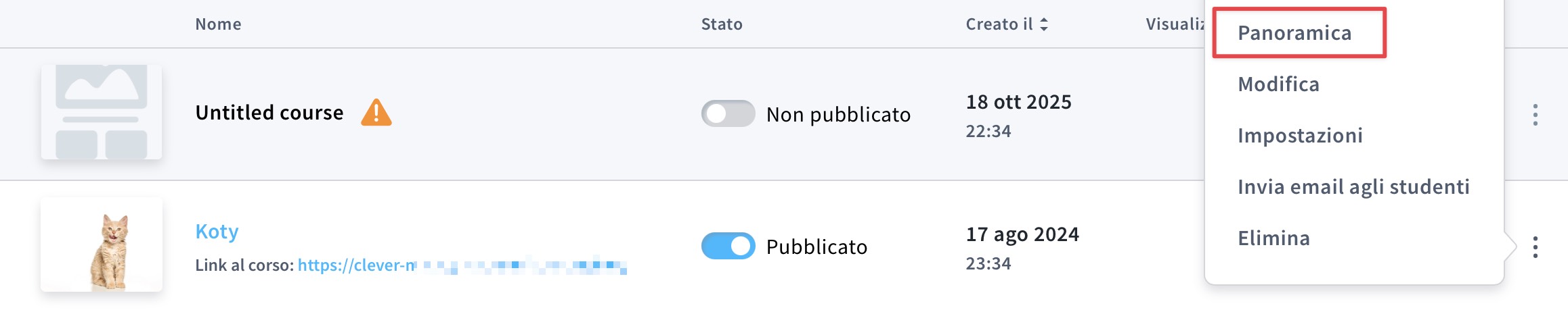 Panoramica nel menu delle azioni dei corsi.