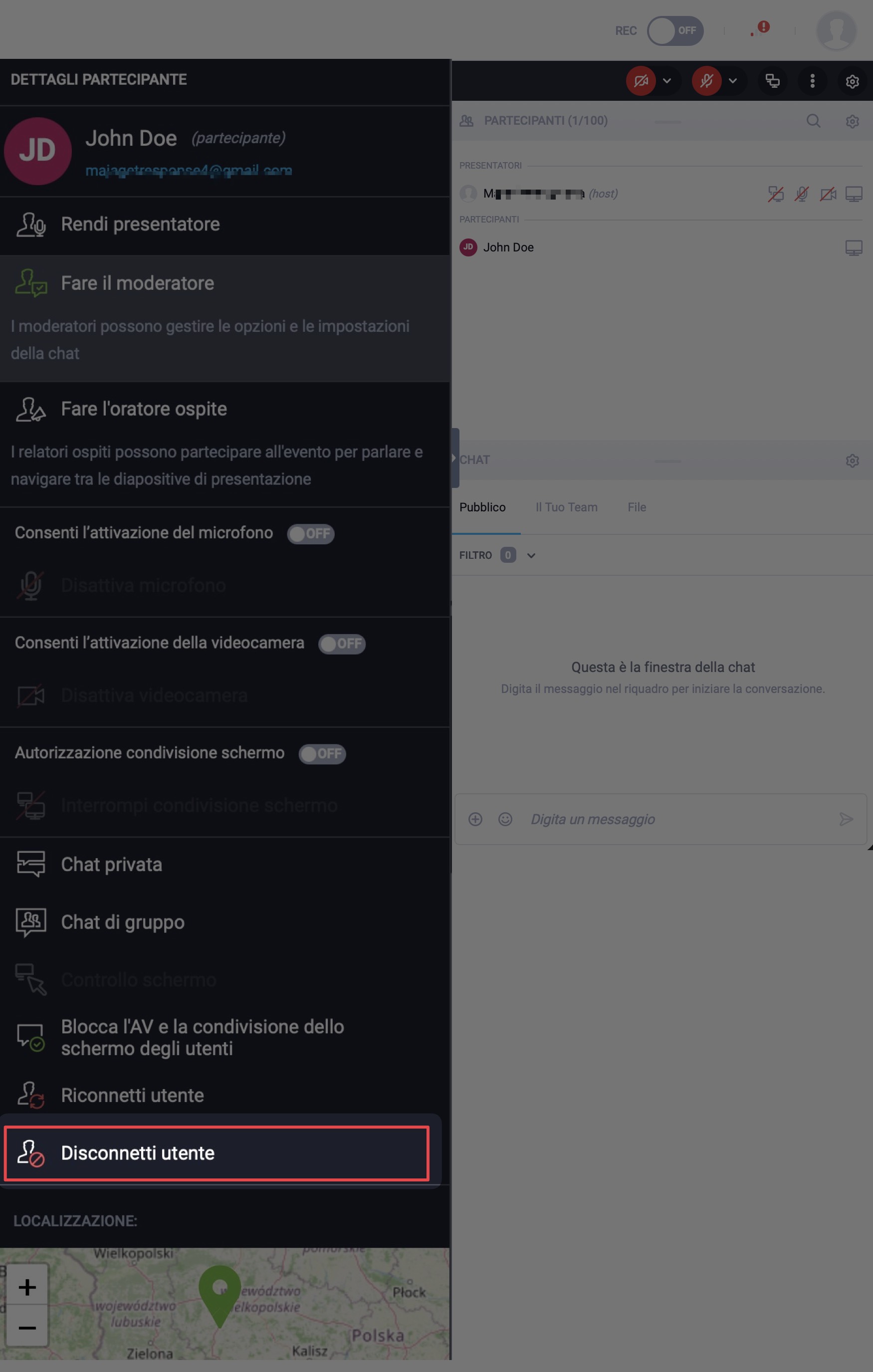 Opzione di disconnessione dell'utente per rimuovere il partecipante