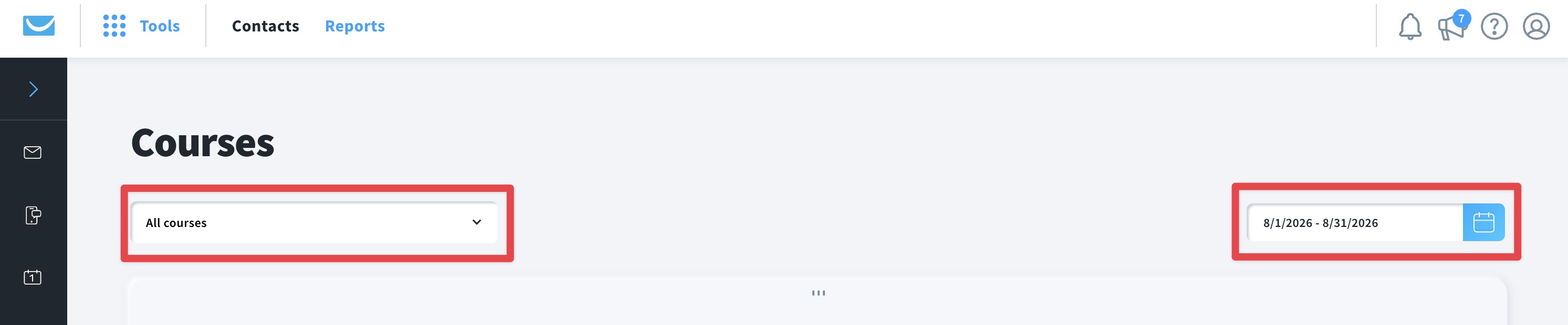 Date and course filters in courses reports.