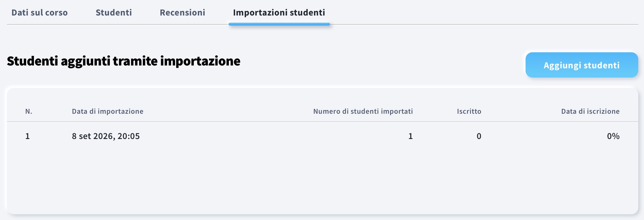 Scheda di importazione studenti nella panoramica del corso.