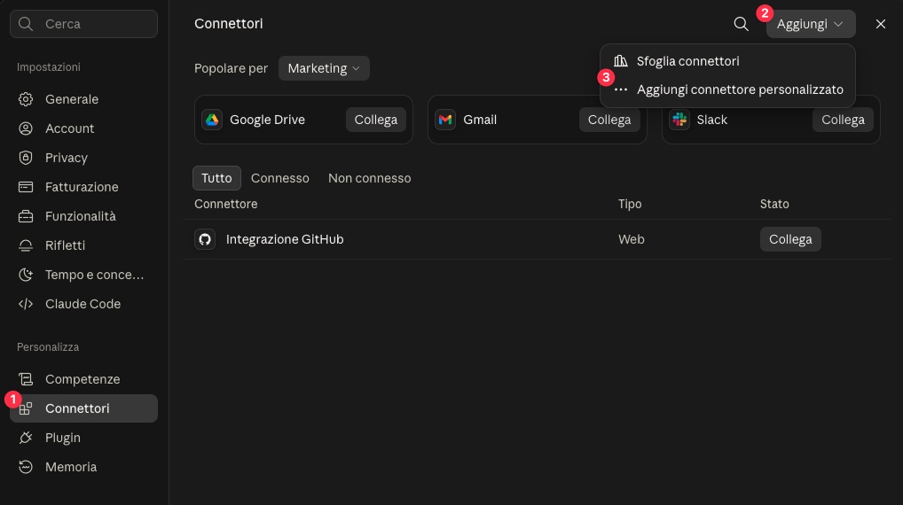 Configurazione del connettore in Claude