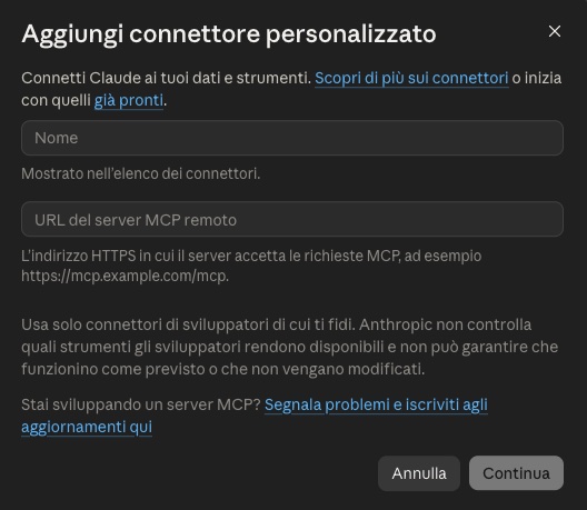 Aggiunta di un connettore personalizzato in Claude