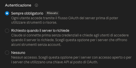 Selezione dell'autenticazione all'interno dei connettori in Claude