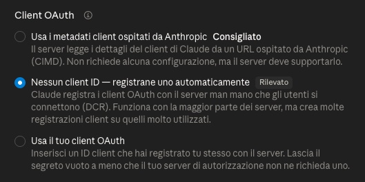 Selezione del client OAuth all'interno della configurazione del connettore in Claude