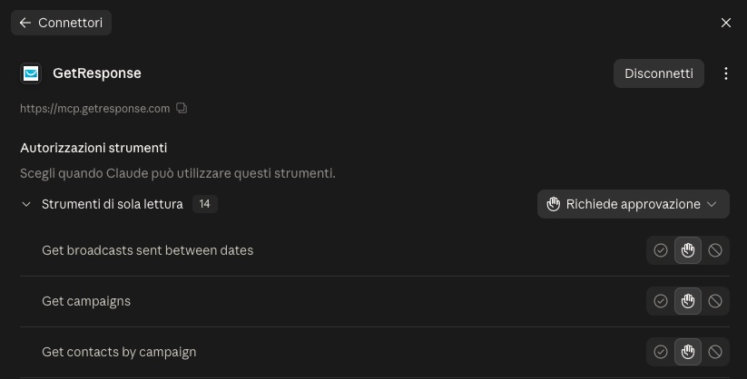 Selezione delle autorizzazioni all'interno dei connettori di Claude