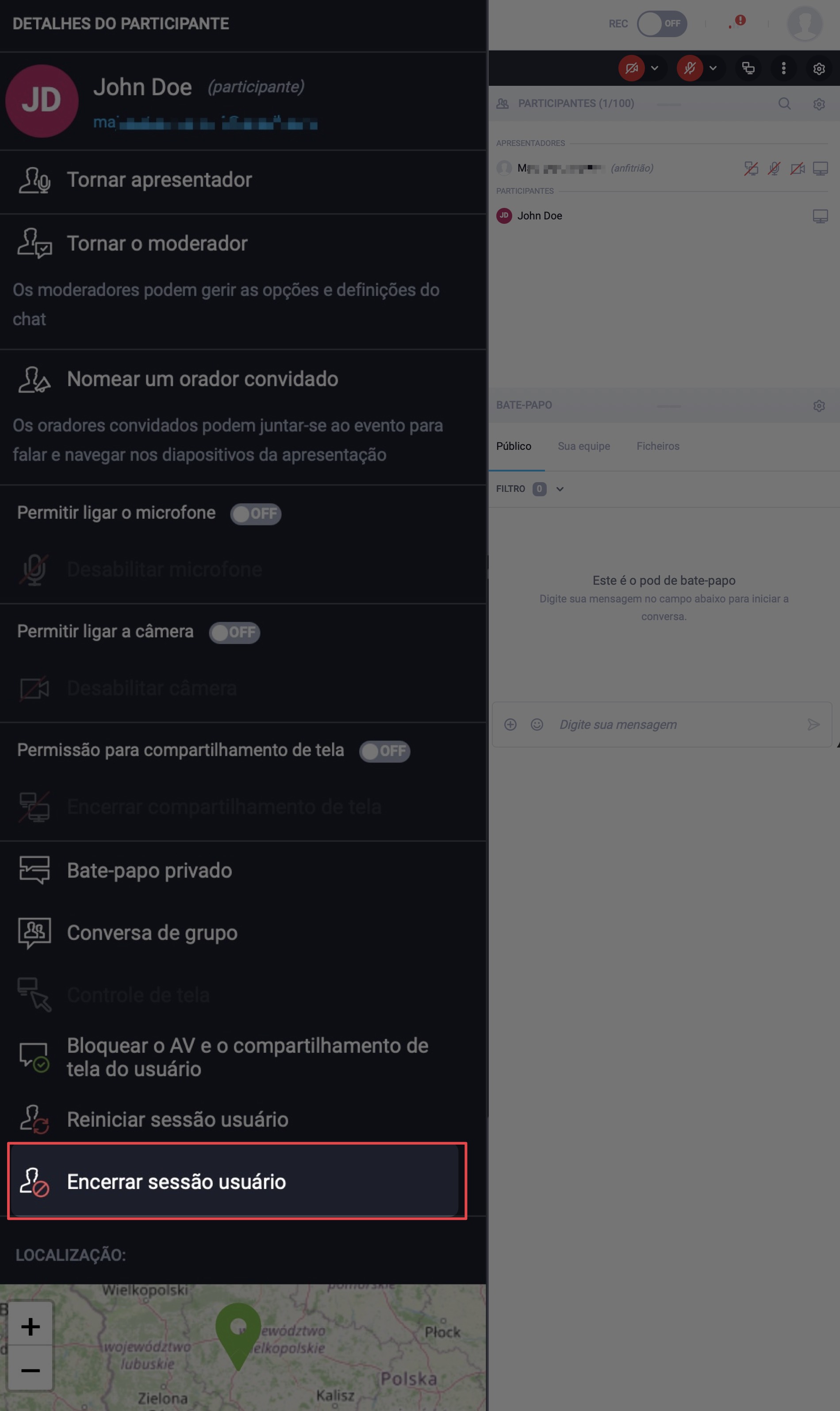 Opção de desconectar o usuário para remover o participante