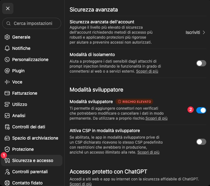 Attivazione della modalità sviluppatore in ChatGPT