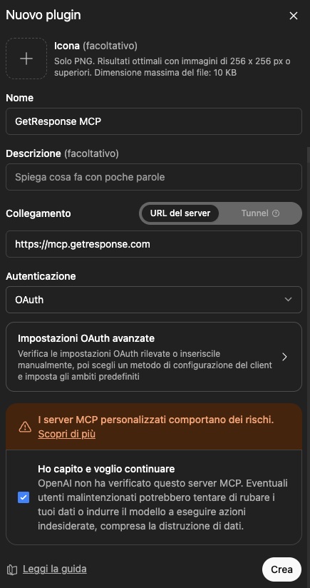 Configurazione del plugin in ChatGPT