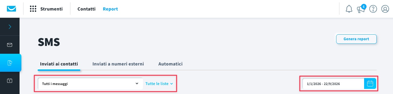 Filtri per i report SMS.