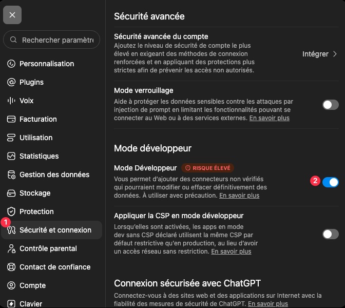 Activation du mode développeur dans ChatGPT