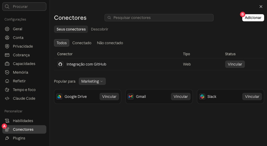 Configuração de conectores no Claude