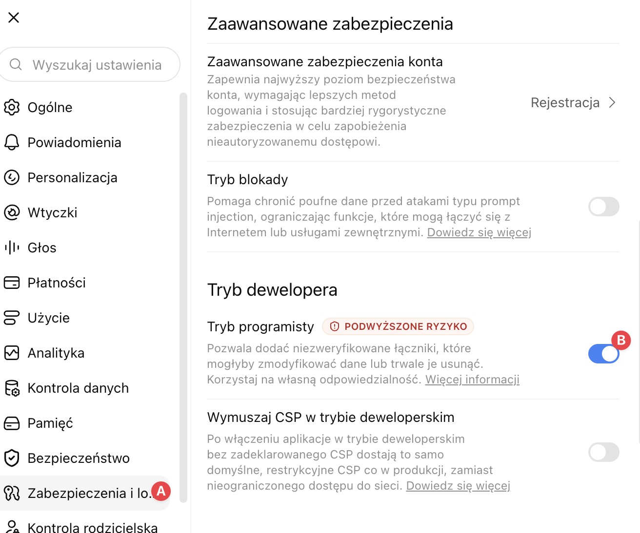 Ustawienia zabezpieczenia i logowania w ChatGPT.