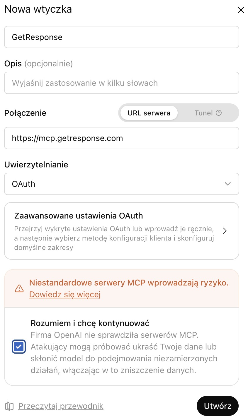 Ekran tworzenia nowej wtyczki w ChatGPT.