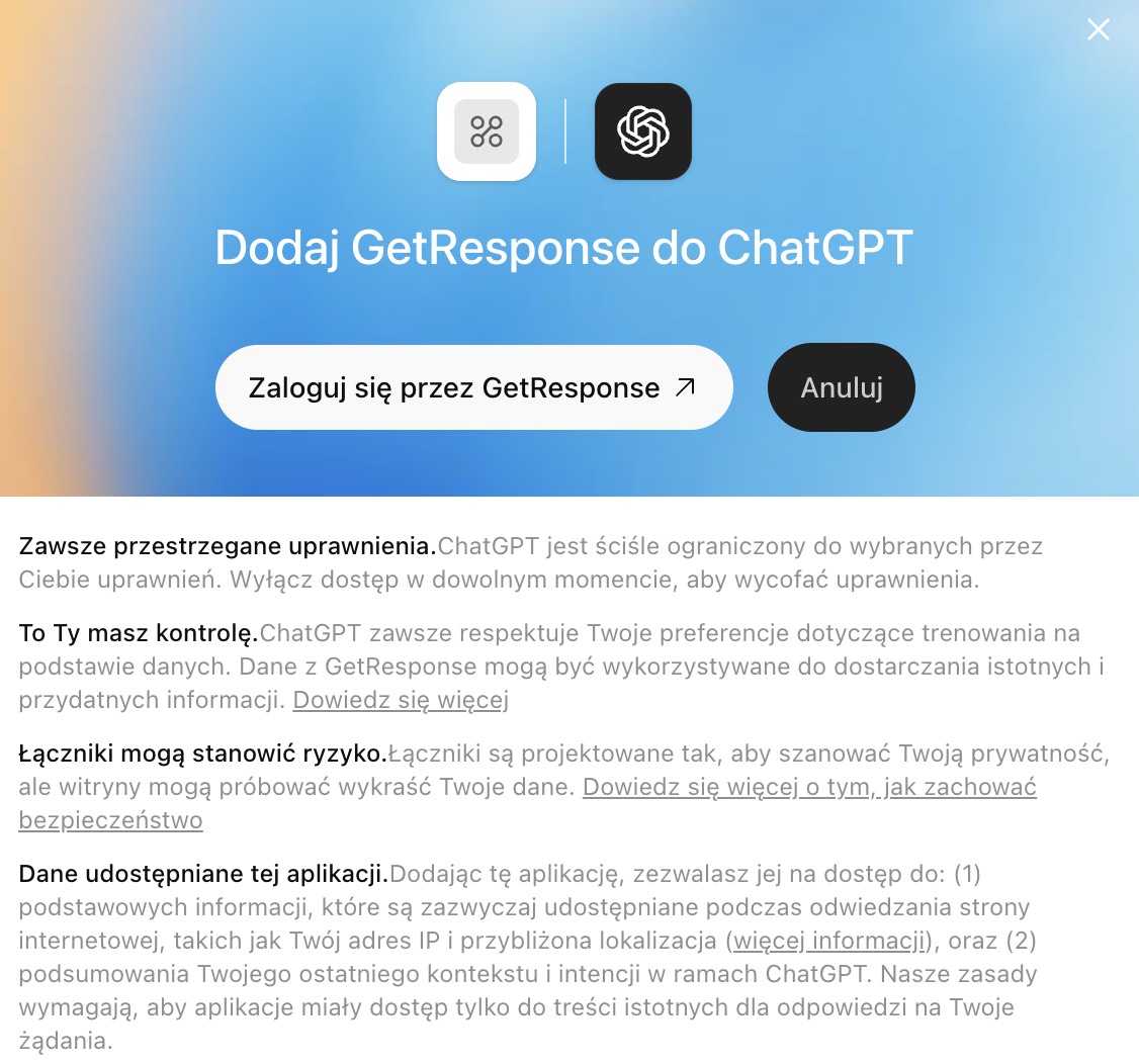 Prompt logowania GetResponse w ChatGPT.