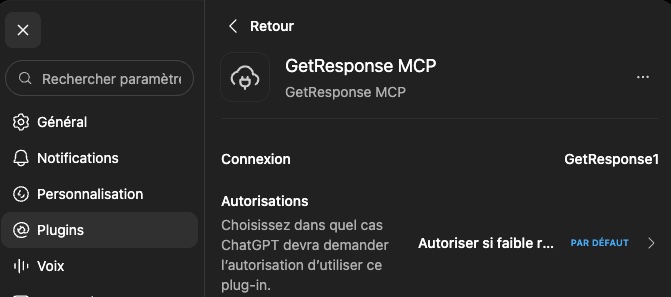 Autorisations de l'outil dans ChatGPT