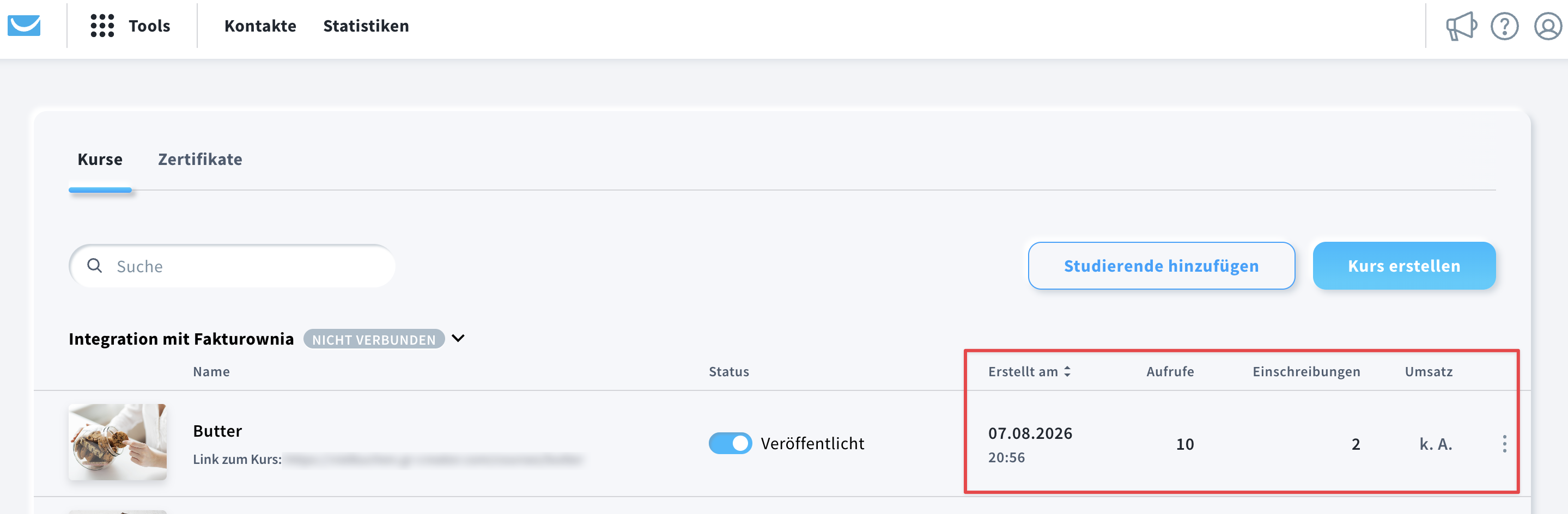 Kursstatistiken auf der Seite Kurse verwalten