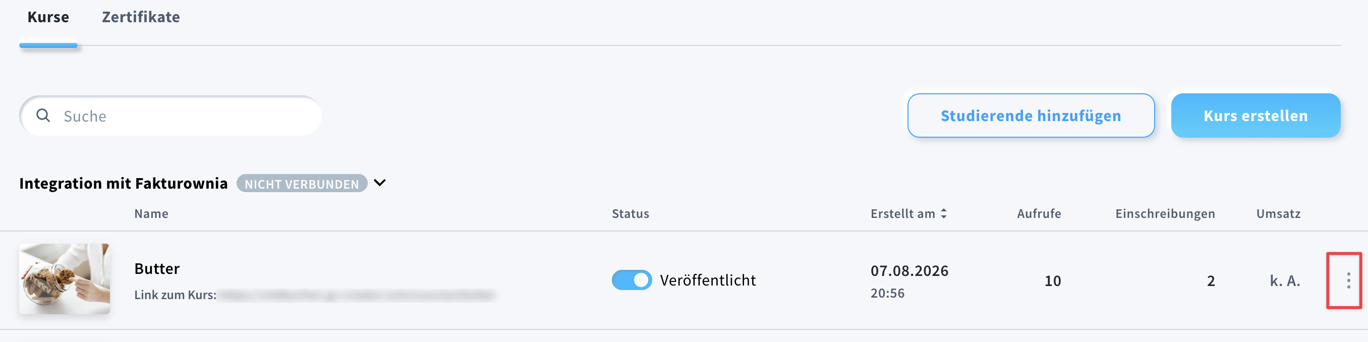 Aktionsmenü für Kurse.