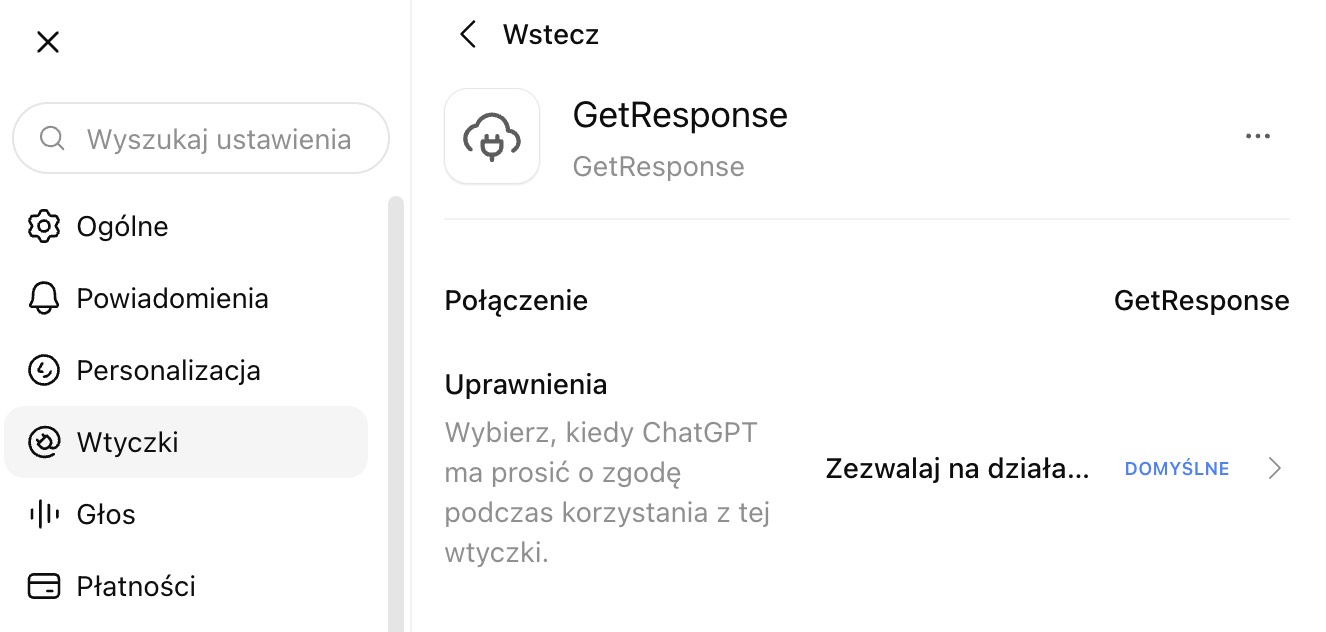 Ekran uprawnień GetResponse w ChatGPT.