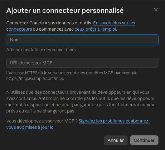 Ajout d'un connecteur personnalisé dans Claude
