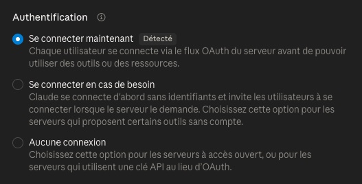 Sélection de l'authentification au sein des connecteurs dans Claude