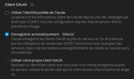Sélection du client OAuth dans la configuration du connecteur dans Claude