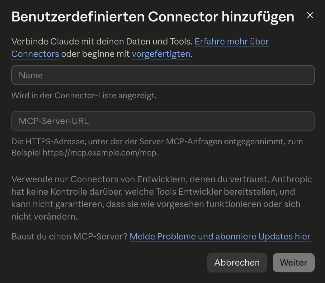 Hinzufügen eines benutzerdefinierten Connectors in Claude