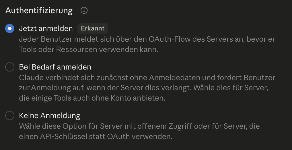 Auswahl der Authentifizierung innerhalb von Konnektoren in Claude