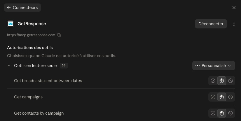 Sélection des autorisations au sein des connecteurs de Claude