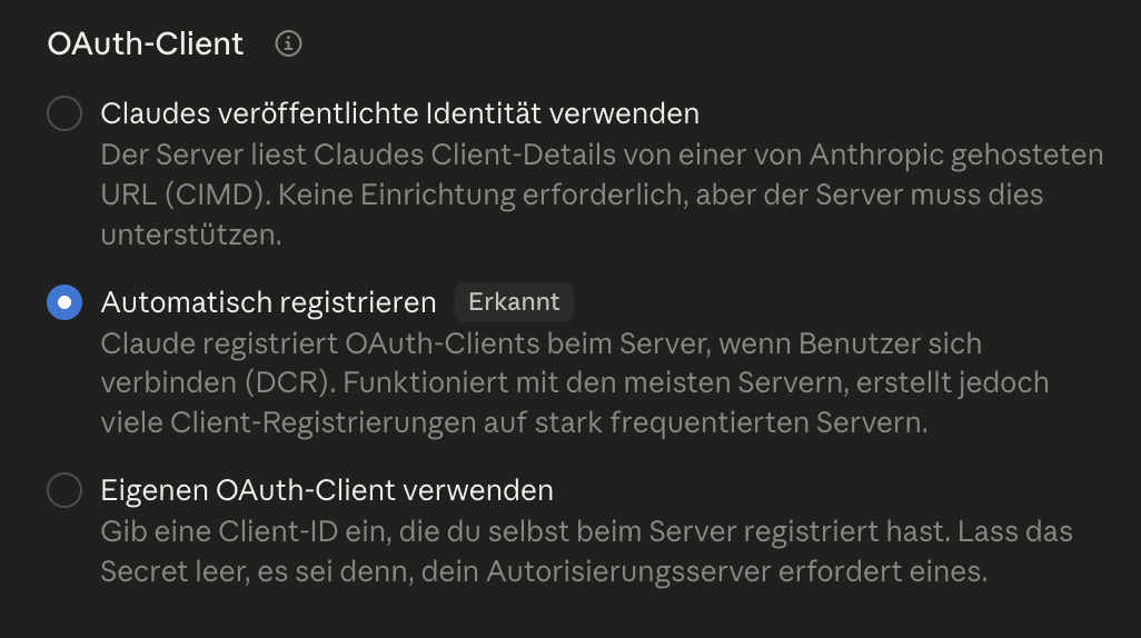 Auswahl des OAuth-Clients innerhalb der Connector-Konfiguration in Claude
