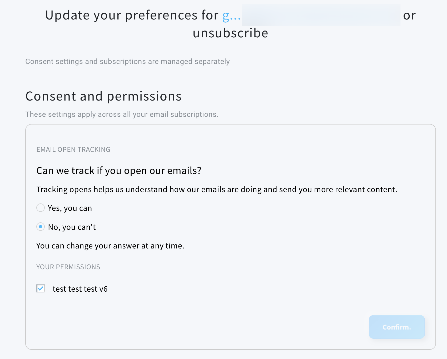 'Consent and permissions' section of the unsubscribe page where people can give or withdraw their consent to open tracking.