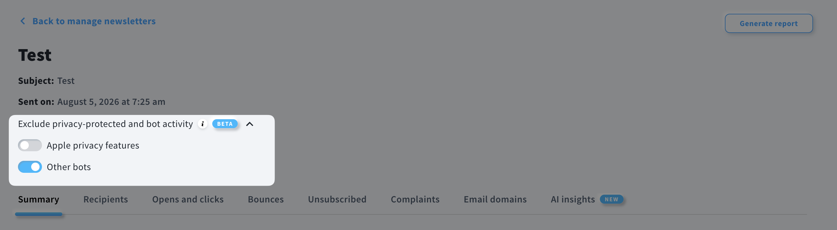 'Exclude privacy-protected and bot activity' setting on the report page, with two options: Apple privacy features (disabled) and Other bots (enabled)