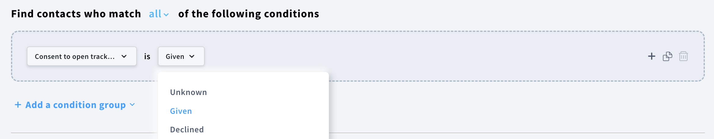 Consent options (Given,Declined,Unknown) in segment creation.