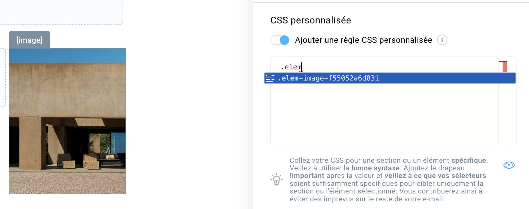 Ajout de CSS personnalisé à un bloc d’image avec le paramètre .elem visible dans le bloc.