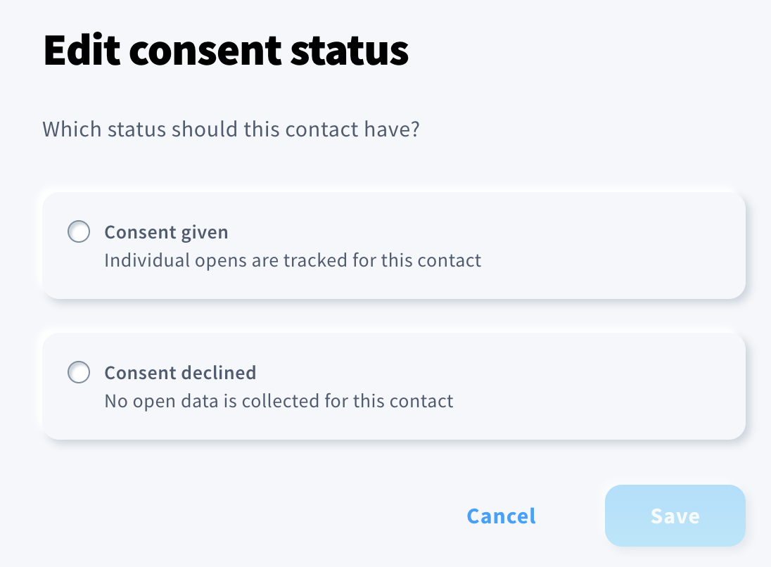 Two options available when editing consent status: Consent given or Consent declined