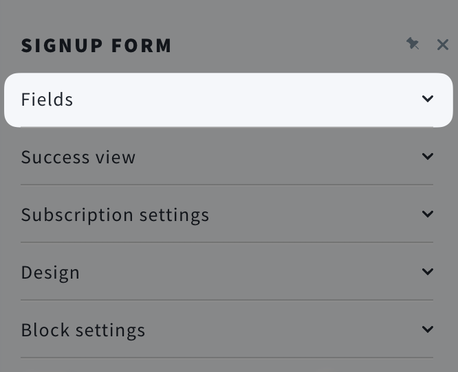 Fields section inside the Forms and popups editor.