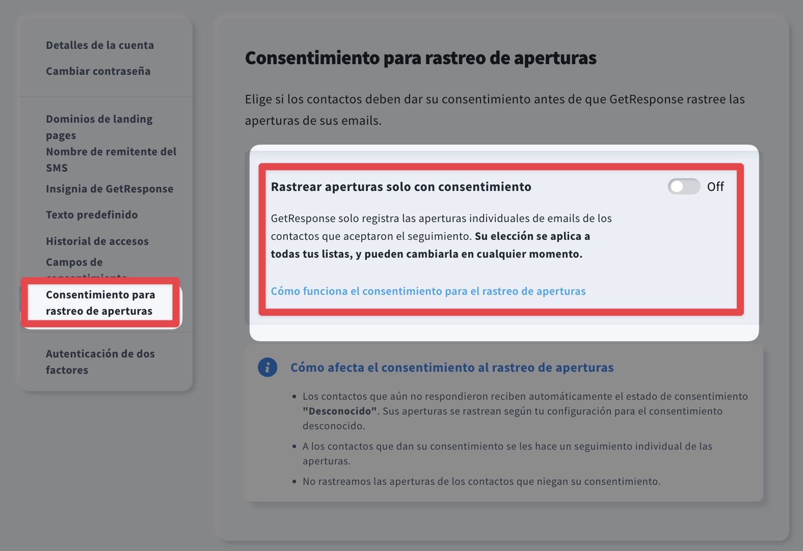 Configuración en «La pista solo se abre con consentimiento».