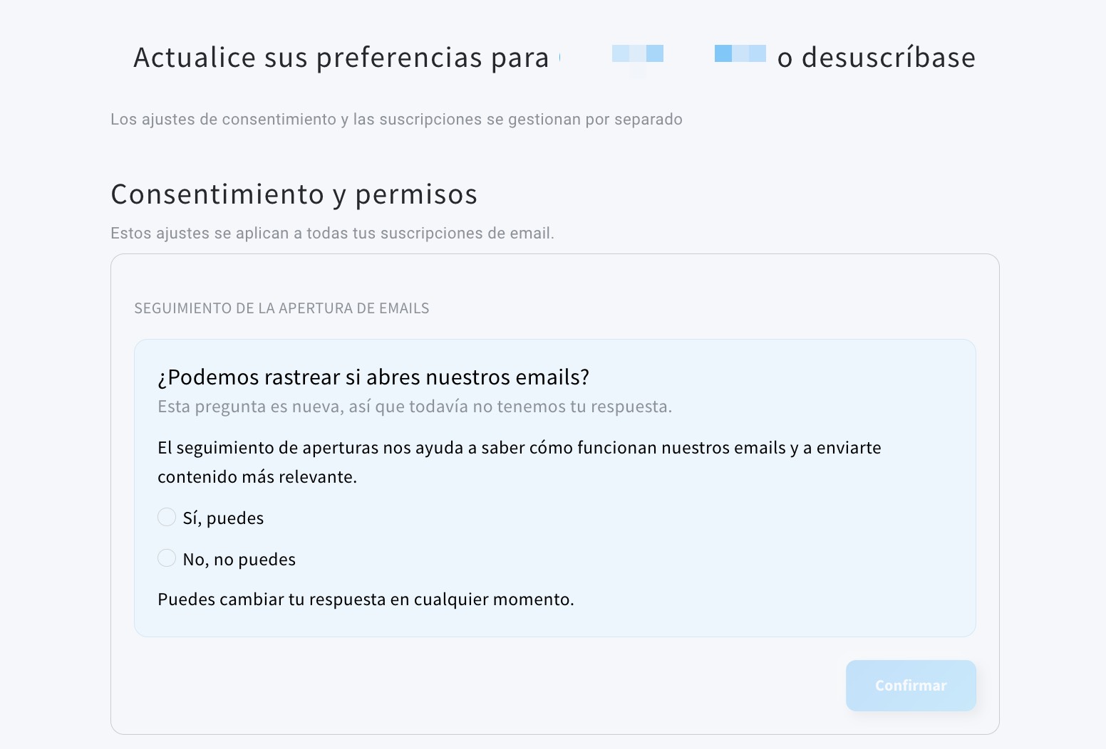Sección «Consentimiento y permisos» de la página de baja, donde los usuarios pueden dar o retirar su consentimiento para el seguimiento de las visitas.