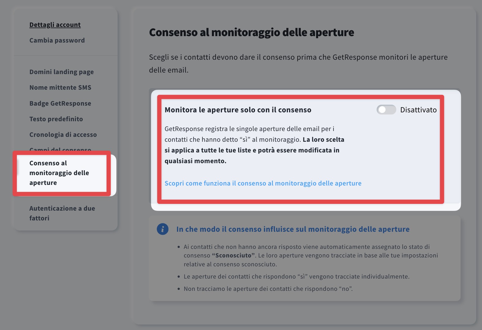 Impostazione su “L'apertura del tracciamento è consentita solo previo consenso”.