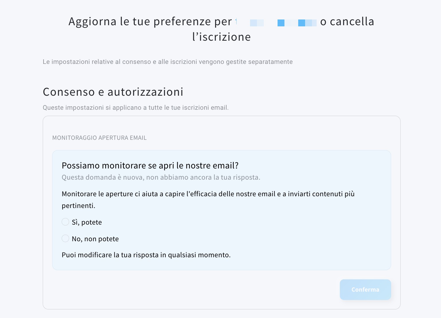 Sezione “Consenso e autorizzazioni” della pagina di cancellazione dall'iscrizione, in cui gli utenti possono fornire o revocare il proprio consenso al tracciamento.