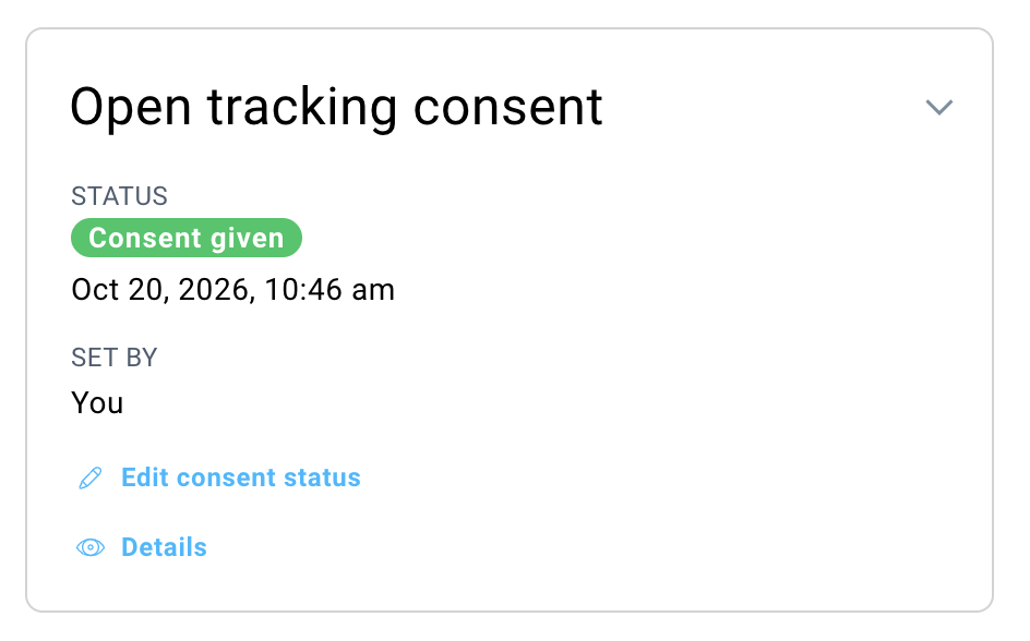 Open tracking consent section in the contact details with status Given and the option to edit the status or check its details.