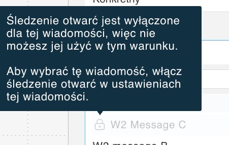 Podpowiedź wyjaśniająca, dlaczego wiadomości z wyłączonym śledzeniem otwarć nie można użyć w cyklu marketing automation.