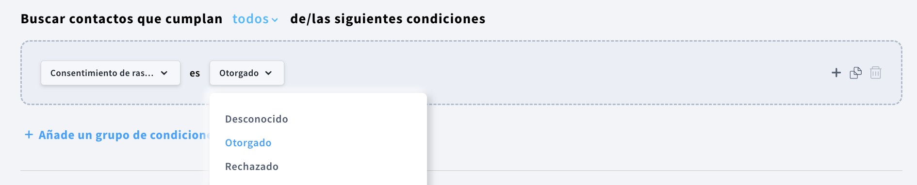 Opciones de consentimiento (Concedido, Denegado, Desconocido) en la creación de segmentos.