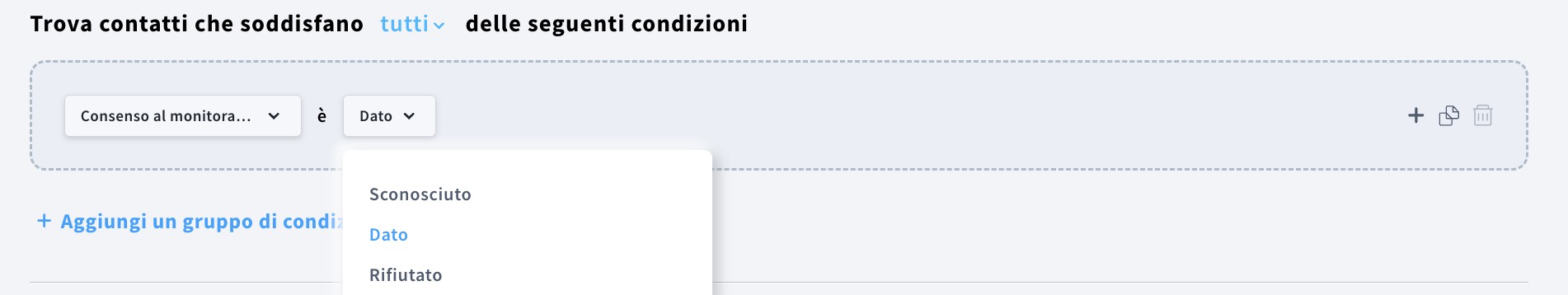 Opzioni relative al consenso (Acconsentito, Rifiutato, Sconosciuto) nella creazione dei segmenti.