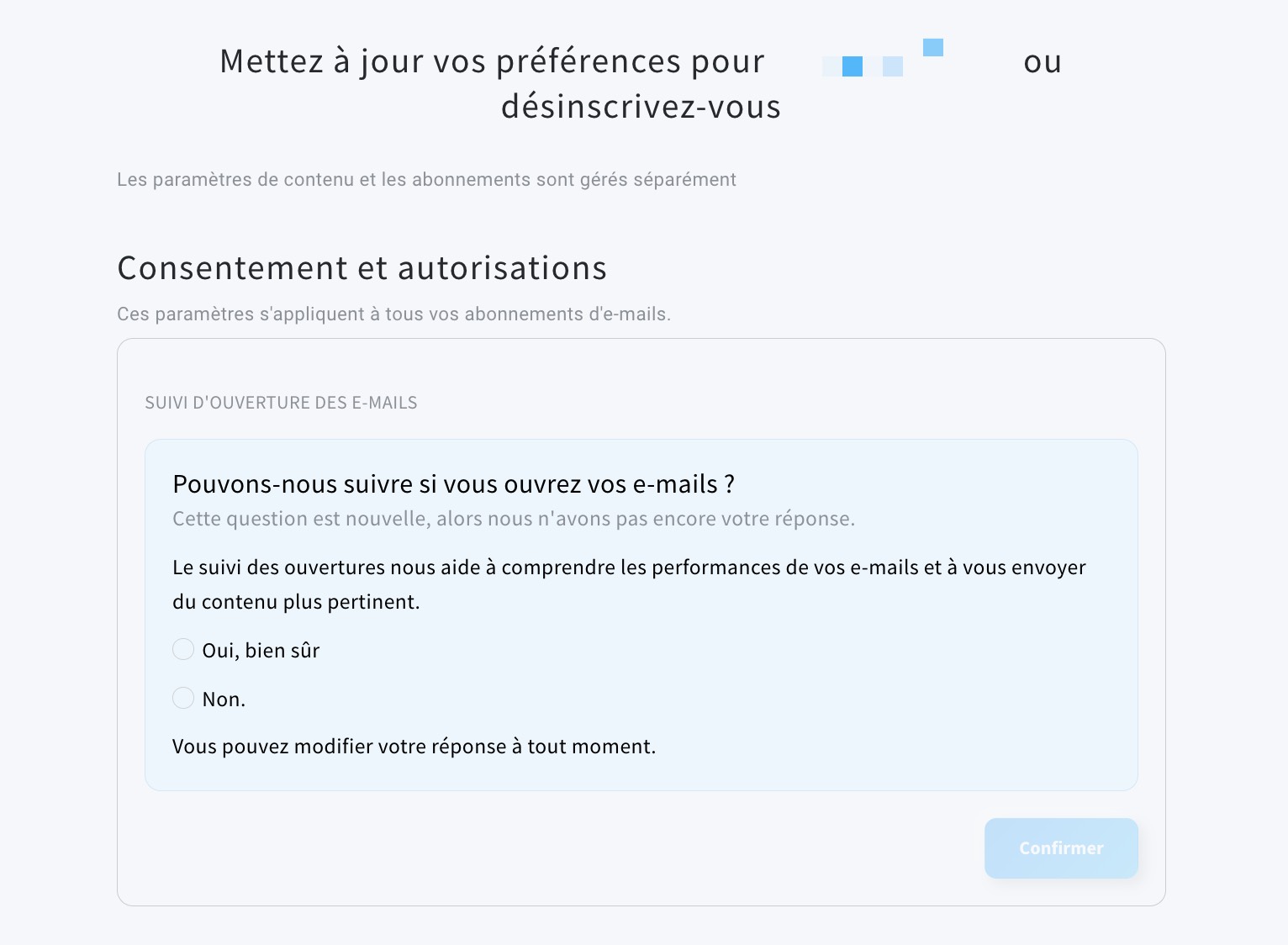 Rubrique « Consentement et autorisations » de la page de désabonnement, où les utilisateurs peuvent donner ou retirer leur consentement au suivi des clics.