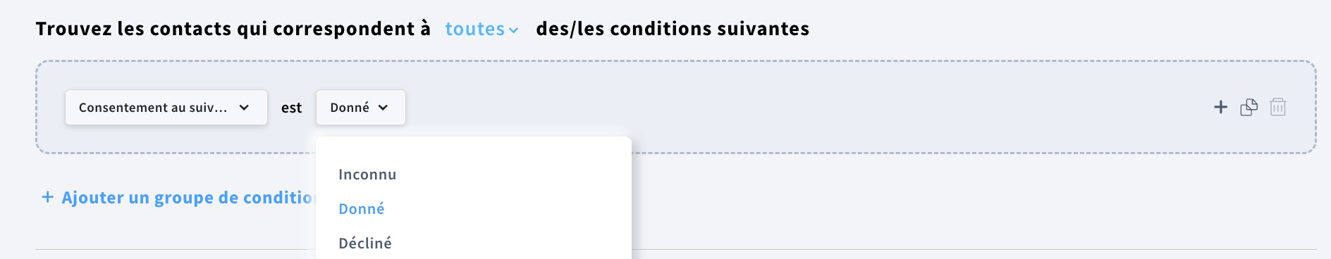 Options de consentement (Accordé, Refusé, Inconnu) lors de la création d'un segment.
