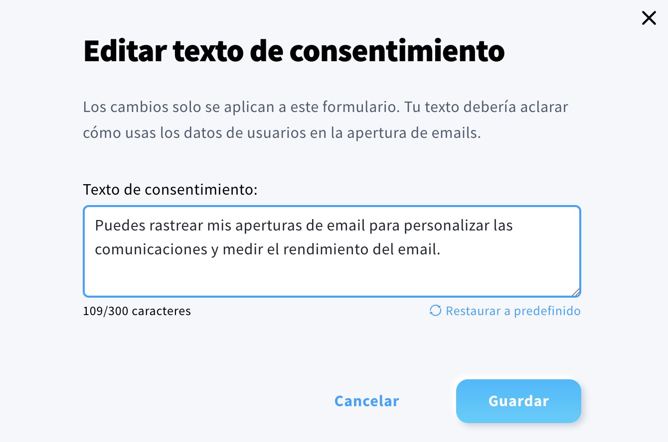 Ventana emergente en la que puedes editar el contenido del texto de consentimiento o restablecer la versión predeterminada.