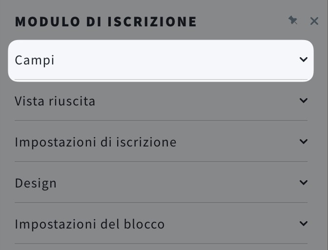 Sezione “Campi” all’interno dell’editor di moduli e finestre a comparsa.