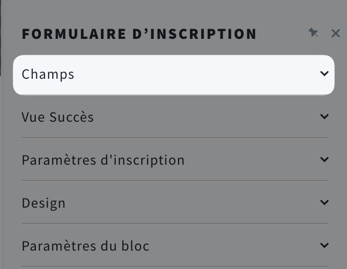Section « Champs » dans l'éditeur de formulaires et de fenêtres contextuelles.